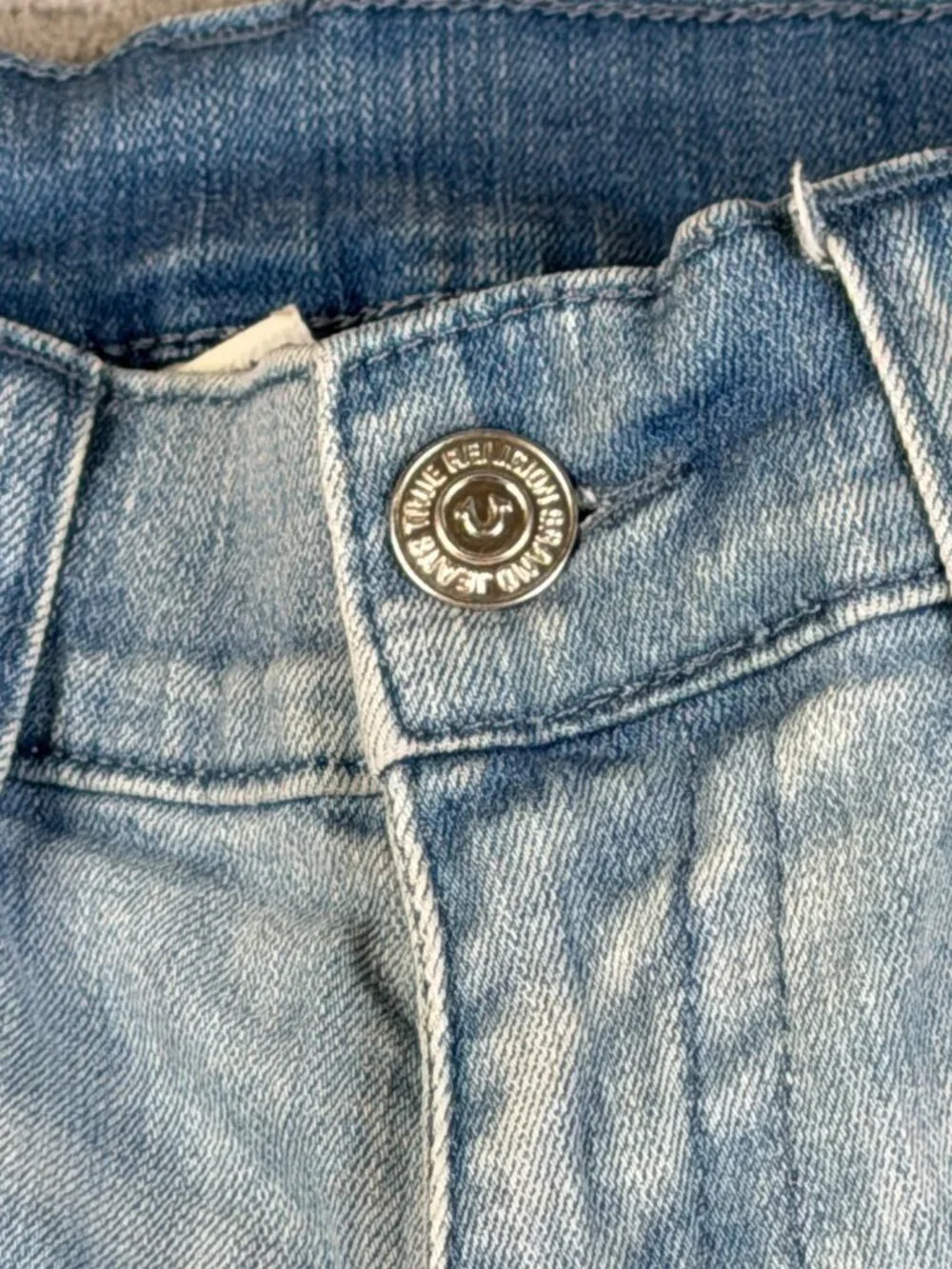 TRUE RELIGION Ricky Relaxed Straight Jeans Blue Yellow Horseshoe Stitch Mens 31